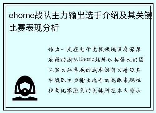 ehome战队主力输出选手介绍及其关键比赛表现分析